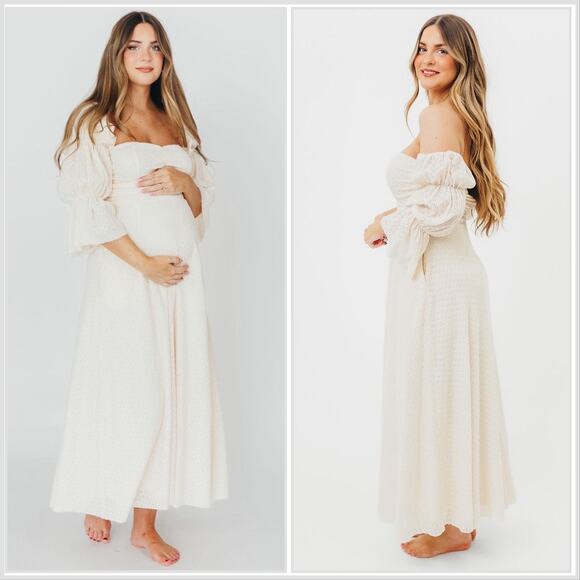 Worth Collective Corrine Tiered Sleeve Maxi Dress in Ivory Cream Bump Friendly - Picture 1 of 14